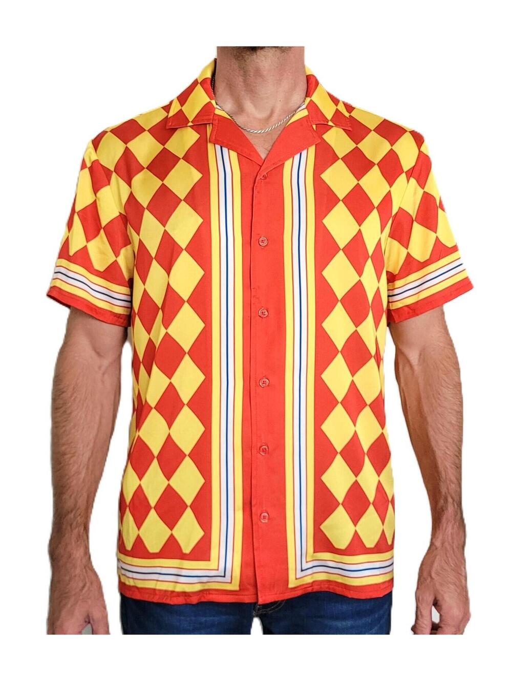 Men’s Silky Button Shirt Red Yellow w/ Back Print Graphic Retro Style - NEW